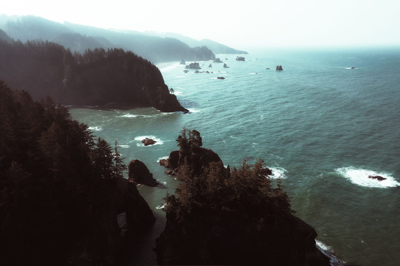 Rocky Pacific coastline seen from above, with evergreen headlands and offshore sea stacks