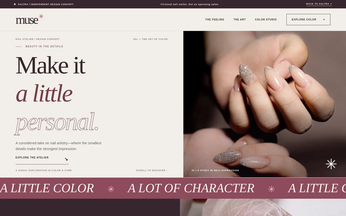 Screenshot of MUSE Nail Atelier, an editorial manicure studio website design concept