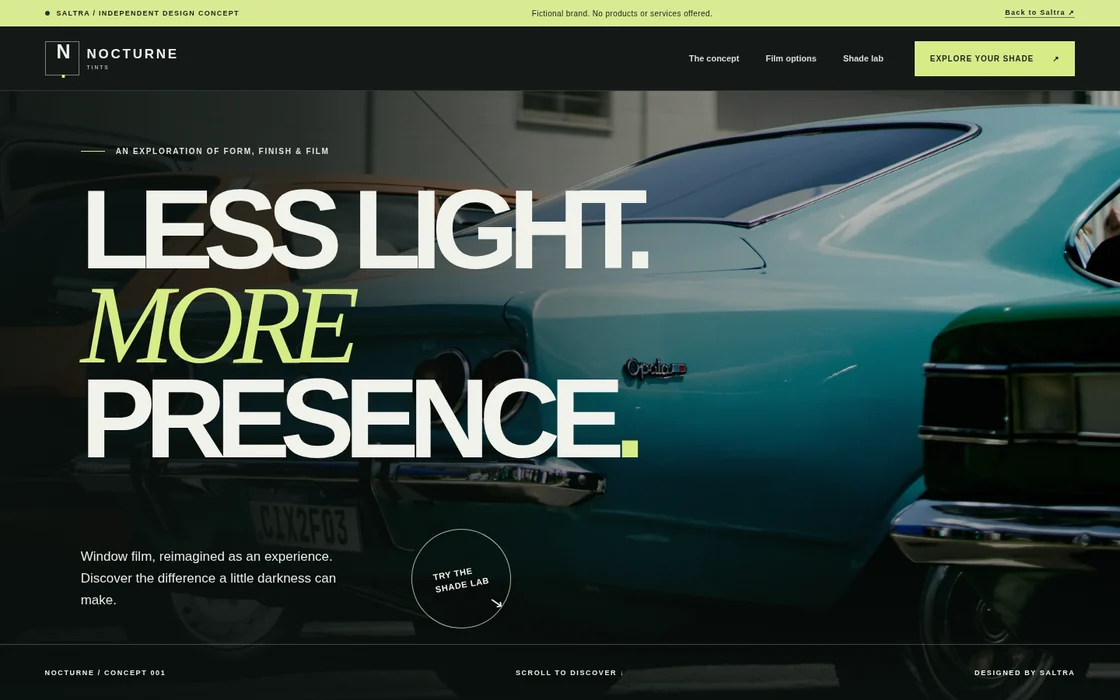 Screenshot of Nocturne Tints, a dark automotive window-tint design concept with oversized type and a teal vintage car