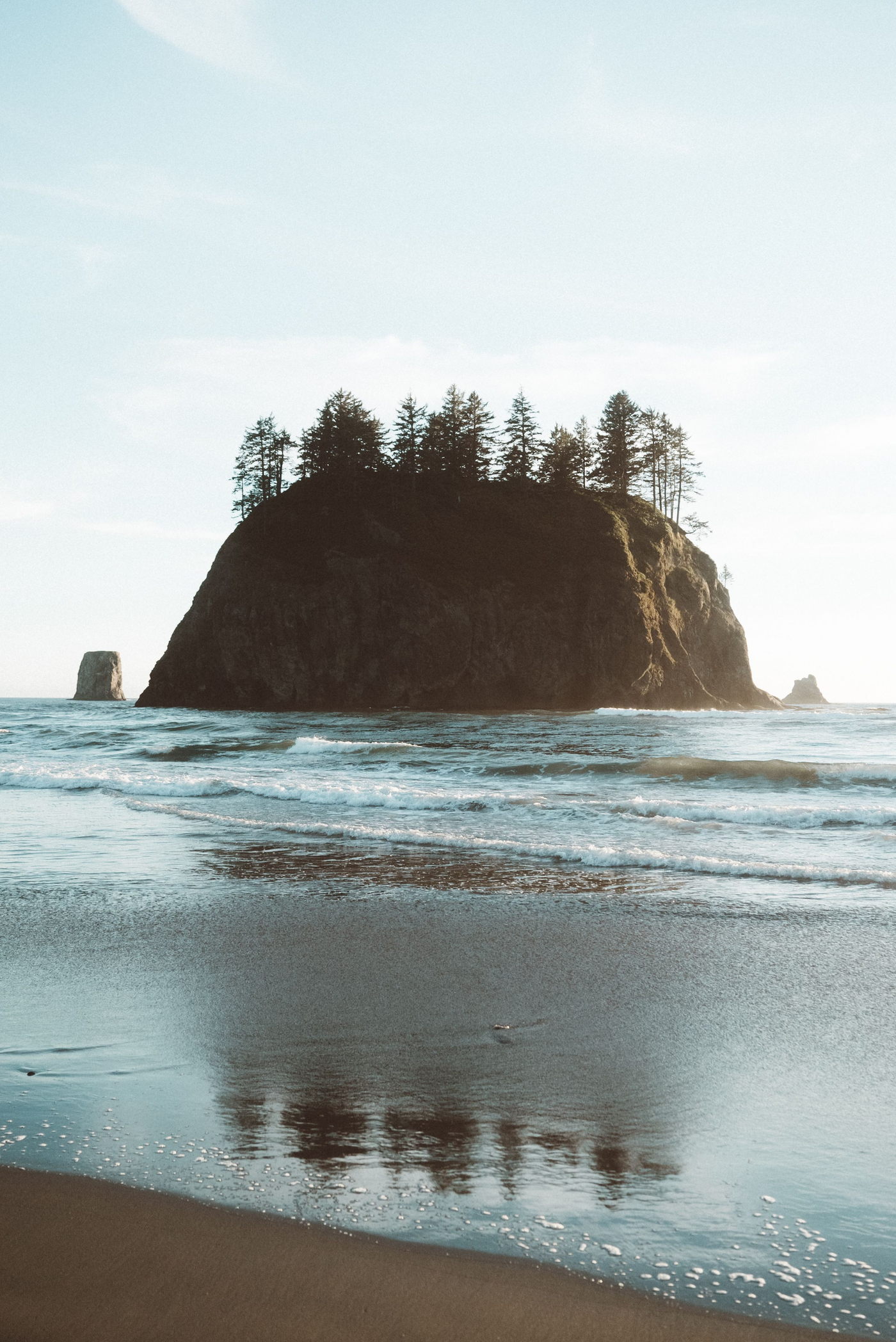 A solitary rock island with evergreens beyond a misty Pacific shoreline