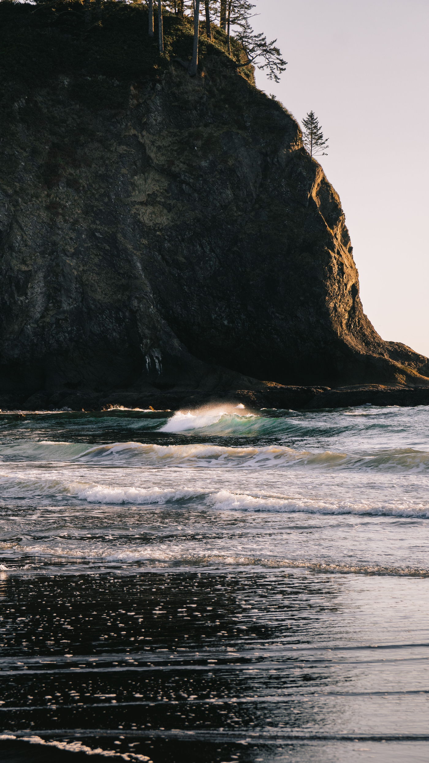 Waves washing over a reflective Pacific beach beneath a dramatic coastal cliff