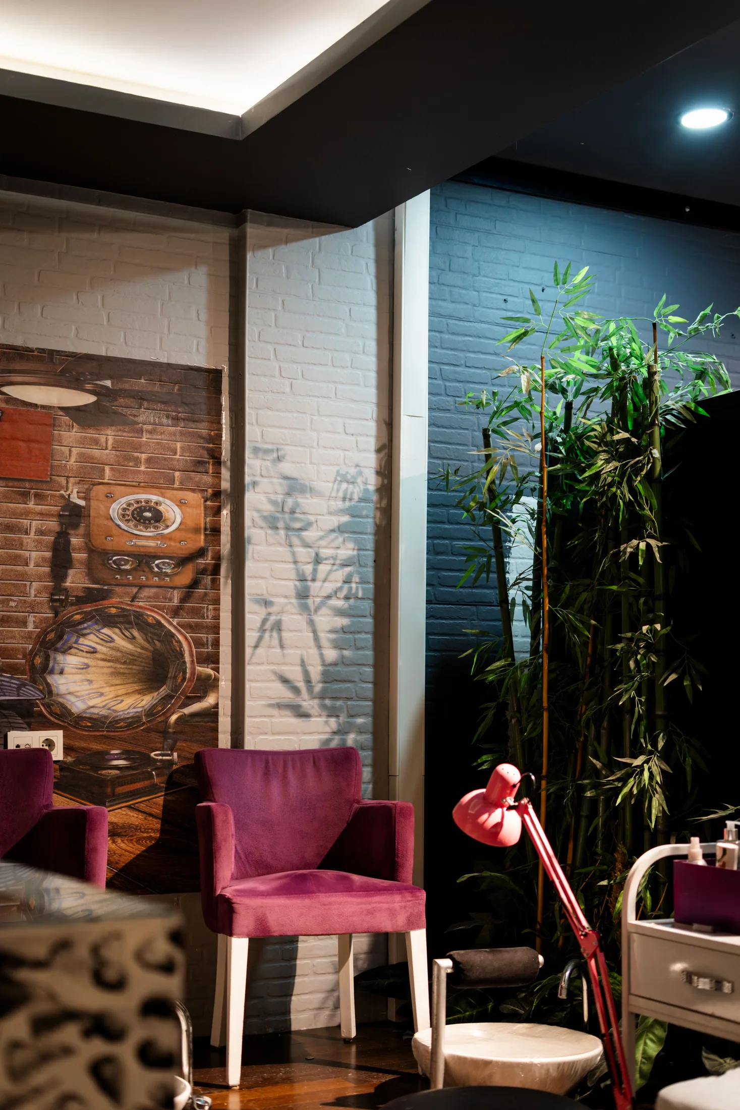 Warm nail studio interior with velvet chairs and decorative greenery